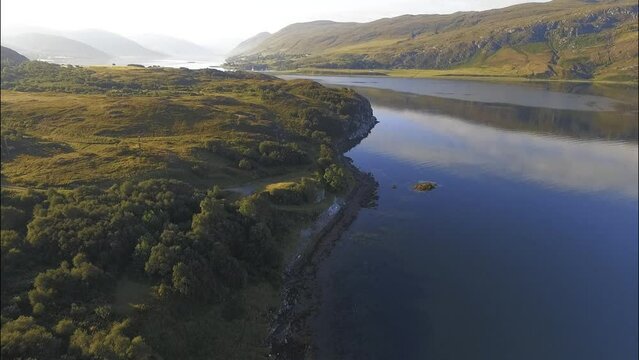 Coastline of Loch Broom Lake in Ullapool, Scotland, Golden Hour Drone View
