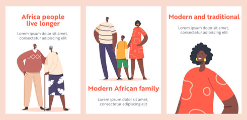 Big Happy Modern African Family Banners. Black Characters Parents, Grandparents and Children. Father, Mother and Kids
