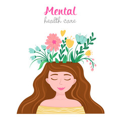 Vector illustration mental health care. Woman with flowers from head.