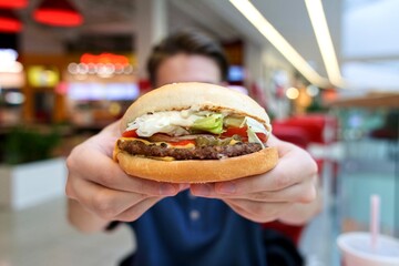 Close up photo of tasty delicious big burger or hamburger, sandwich with beef in man hands at food...