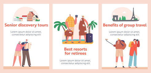 Senior Discovery Tours Banners. Aged Tourists in Foreign City with Map, Making Selfie. Old Characters Travelers Abroad