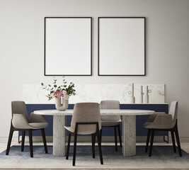 mock up poster frame in modern interior background, dinning room, living room, Scandinavian style, 3D render, 3D illustration