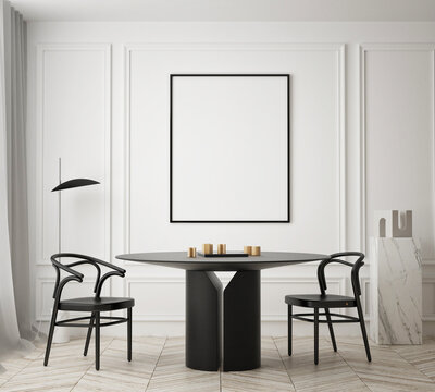 mock up poster frame in modern interior background, dinning room, living room, Scandinavian style, 3D render, 3D illustration