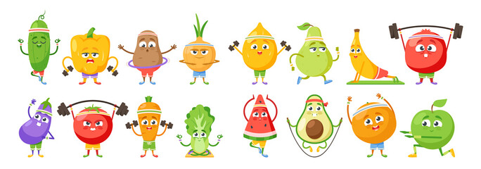 Fruits and Vegetable Characters Sport Exercises. Potato, Cucumber, Chinese Cabbage, Bell Pepper, Tomato and Carrot