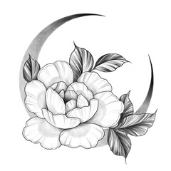 Tattoo template style illustration with a moon and a flower
