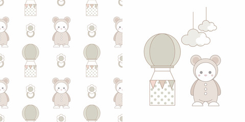 Gender neutral card and pattern for baby shower decor, nursery print, kids apparel, wrapping paper, fabric and textile