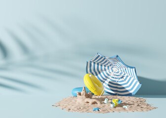 Summer, vacation background. Blue color, sand and beach accessories. Backdrop for advertising. Free, copy space for your text. Holiday, travel, relax concept. 3D rendering.