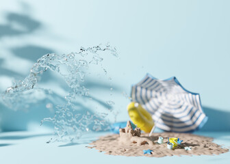 Summer, vacation background. Blue color, water, sand and beach accessories. Backdrop for advertising. Free, copy space for your text. Holiday, travel, relax concept. 3D rendering.