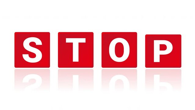 「STOP」と書かれた赤いパネルがアニメーションする白背景の動画素材