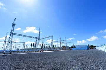 Fototapeta na wymiar Electric Power Substation Under The Blue Sky: Power Station, Electricity Substation, Power Line,Equipment, Cable. Industrialization Concept for Development