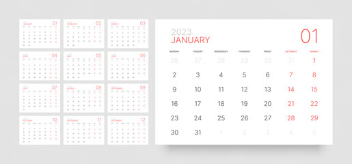 Monthly calendar template for 2023 year. Week Starts on Monday. Desk calendar in a minimalist style. 