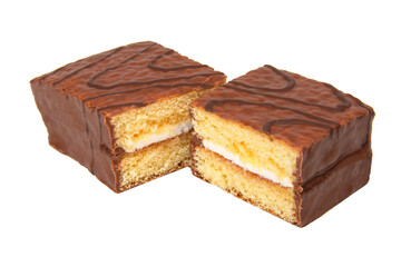 Biscuit cake with cream filling glazed chocolate isolated on the white