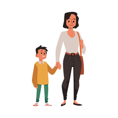 Mother and child boy walking holding hands, flat vector illustration isolated.