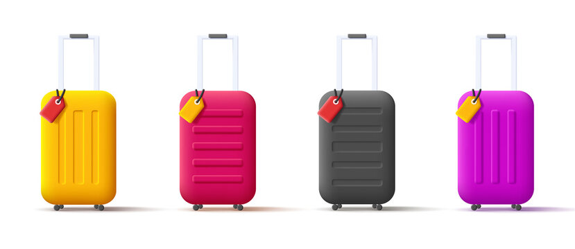 Set Of 3d Render Style Icons Of Travel Bags With Name Labels In Different Colors. Vector Illustration