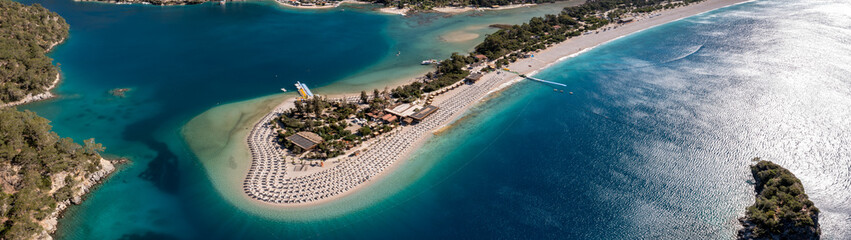 Aerial panoramic view from Oludeniz beach at sunny day, Turkey