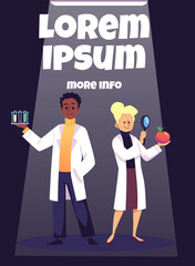 Scientists studying agronomy, man and woman with flask and apple, flat poster template - vector illustration.