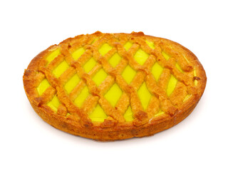 Homemade pistachio pie isolated on white background 