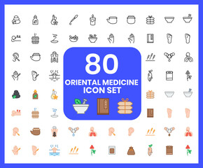 Collection of oriental medicine linear icons and color icons. medicinal herbs, saliva, spa Set of Herbal medicine, herbal medicine symbols drawn with thin contour lines.