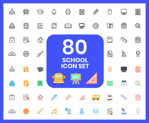 Collection of school linear icons and color icons. pencils, blackboards, dictionaries, notebooks. Set of Bus, study symbols drawn with thin contour lines.