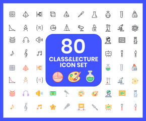 Collection of class and lecture linear icons and color icons. math Graphs, alcohol lamps, palettes Set of school class symbols drawn with thin contour lines.