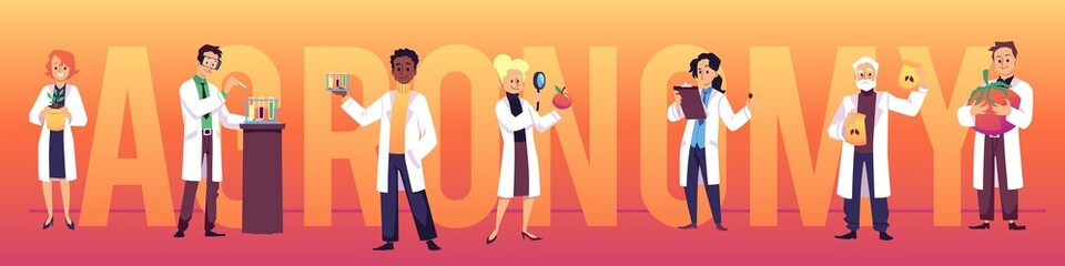 Agronomy header with characters of agronomists, flat vector illustration.