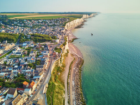 Picturesque panoramic landscape of white chalk cliffs near Ault