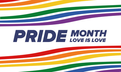 LGBT Pride Month in June. Lesbian Gay Bisexual Transgender. Celebrated annual. LGBT flag. Rainbow love concept. Human rights and tolerance. Poster, card, banner and background. Vector illustration