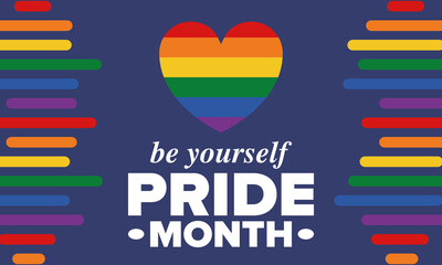 LGBT Pride Month in June. Lesbian Gay Bisexual Transgender. Celebrated annual. LGBT flag. Rainbow love concept. Human rights and tolerance. Poster, card, banner and background. Vector illustration