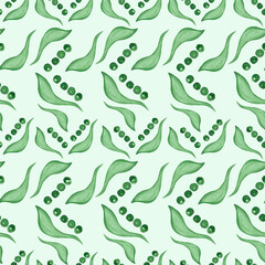 Stylized Geometric Seamless pattern Peas green drawn by hand in watercolor.