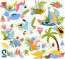 Set of cute Summer compositions, inflatable unicorn toy, tropical leaves, fruit, cocktails, palm and other. Hello summer lettering, hot season. Vector illustration