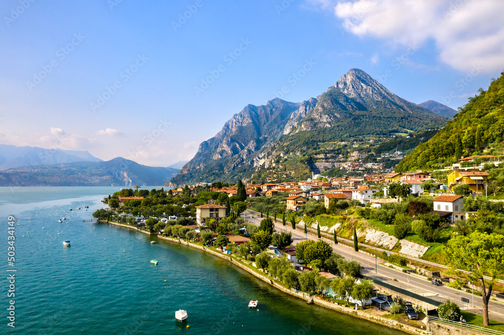 Wall mural Aerial panorama of Marone town on Lake Iseo in Lombardy, Italy