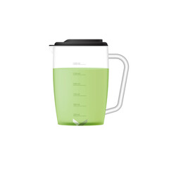 Transparent glass or plastic jug of blender with green diet smoothie in 3D