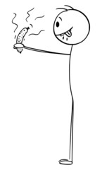 Hungry Person Looking at Sausage in Hand and Salivating, Vector Cartoon Stick Figure Illustration