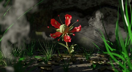 3D rendering. Ruta flower on a background of used cartridge cases and smoke. The concept of revival in the war.
