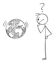 Person Looking at Planet Earth or World and Thinking, Vector Cartoon Stick Figure Illustration