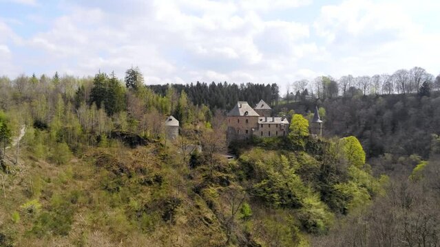 Aerial view of Reinhardstein Castle on hill in the Warche Valley - Belgian Ardennes