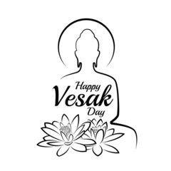 Vesak day banner abstract black line buddha and lotus sign and happy vesak day text vector design