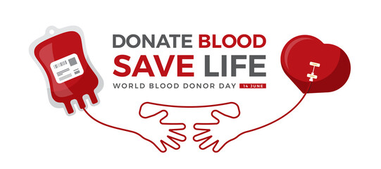 world blood donor day - donate blood save life text blood from bag is flowing into a heart with line hands sharp vector design