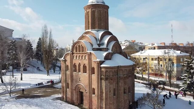 St. Paraskevi's Church in Chernigov. Aerial drone view. Winter