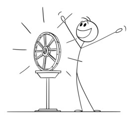 Person Celebrating that Invented Wooden Wheel, Vector Cartoon Stick Figure Illustration