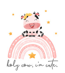 cute watercolour baby cow girl farm animal sitting on pink rainbow, nursery cartoon hand drawn illustration