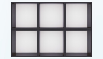 3D mockup of black empty cabinet on the wall. Kitchen shelf or bookshelf for office and home. Shop, gallery showcase. Blank retail storage space. Interior design furniture
