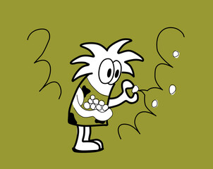 Cute character collecting berries from a bush. Cartoon basic hand drawn style vector illustration.