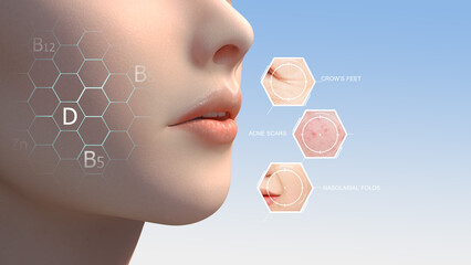 Properties of vitamins in skin care and wrinkle removal and chemical formula in 3D face protection. - obrazy, fototapety, plakaty