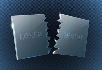 3d realistic vector. Broken glass plate banner. Isolated on transparent background.