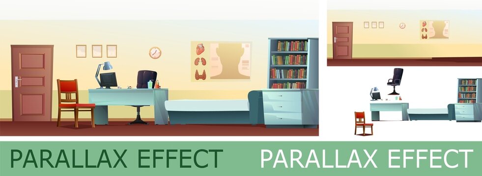 Doctor office with parallax effect. Work desk with armchair and PC computer. Couch and chair for patients. Medical poster and drugs. Cartoon funny style Horizontal illustration. Vector