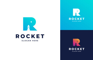 Rocket launch blast tech vector logo design, Creative letter R fly spacecraft takeoff logo design