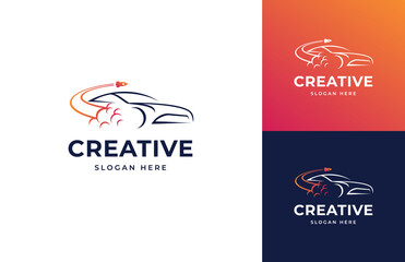 Rocket launch blast tech with creative silhouette sport car automotive transportation vector logo design