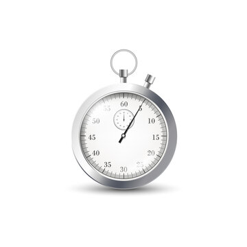 Realistic metal glossy stopwatch with arrow pointing to five seconds