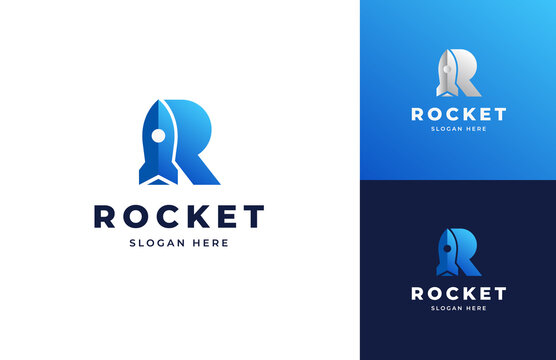 Rocket launch blast tech vector logo design, Creative letter R fly spacecraft takeoff logo design